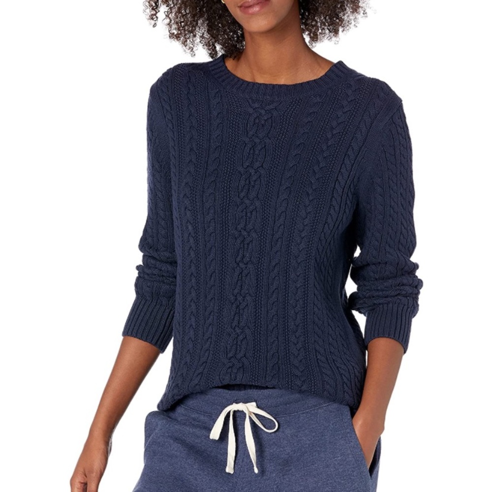 Amazon Essentials Cableknit Crew Neck Sweater in Navy Blue